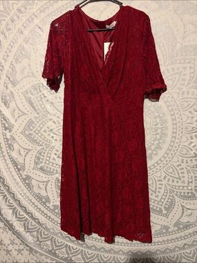 Pinup Fashion Burgundy Lace Faux Wrap Midi Dress NWT Size 14W